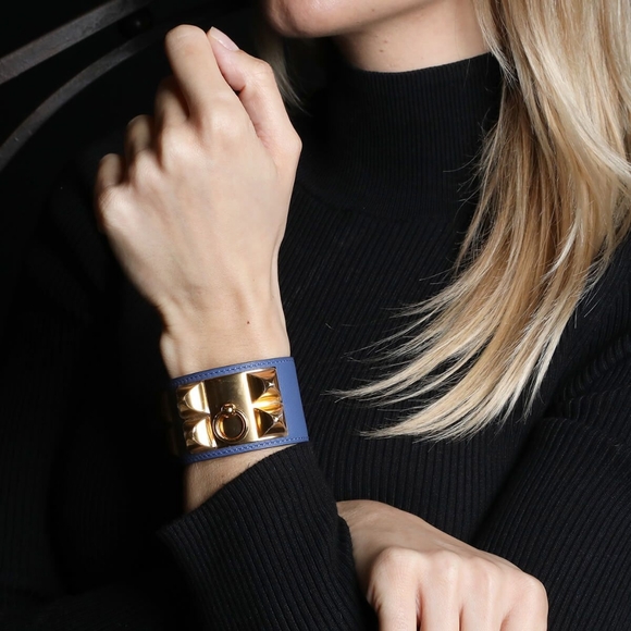 Authentic Hermes Collier de Chien Mississippi Blue Croc Alligator Cuff - Picture 15 of 16